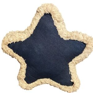 Star-Shaped Denim Pillow with Fluffy Trim
